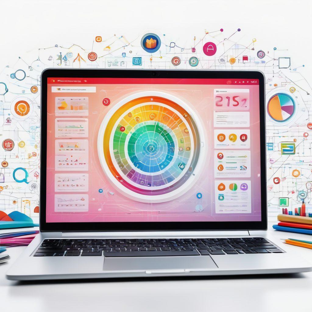 A sleek, modern laptop displaying a vibrant website interface, surrounded by dynamic SEO and marketing icons like graphs, charts, magnifying glass, and social media symbols, all set against a clean, digital-themed background with abstract circuitry patterns. super-realistic. vibrant colors. white background.
