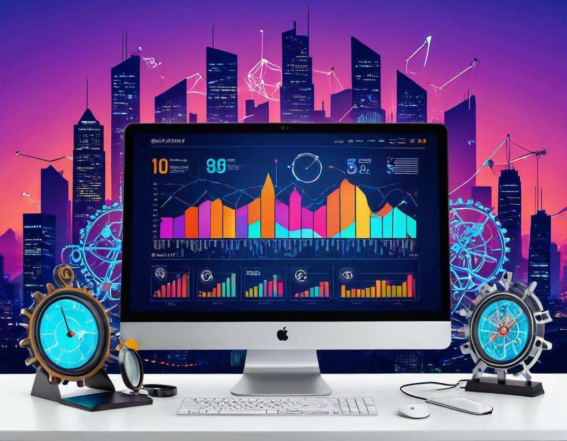 A modern and sleek desktop computer displaying a dashboard filled with rising graph charts and SEO analytics, surrounded by icons of magnifying glasses, gears, and upward-pointing arrows. The background features a digital cityscape buzzing with connections and data streams. super-realistic. vibrant colors. white background.