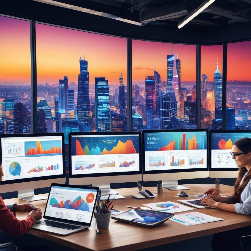 A vibrant digital marketing scene with a diverse group of professionals collaborating on laptops and smartphones; charts and graphs illustrating PPC advertising success on a large screen behind them. Superimposed over a cityscape, symbolizing global reach and online branding. super-realistic. vibrant colors.